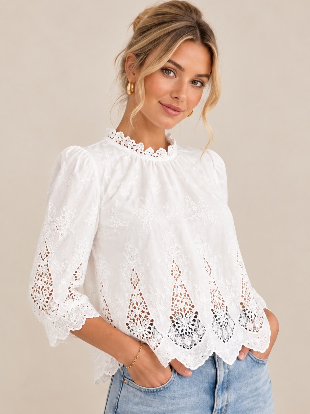 HUNTER BELL White Embroidered Boho Ruffle Collar 3/4 Puff Sleeve Flowy Blouse XS